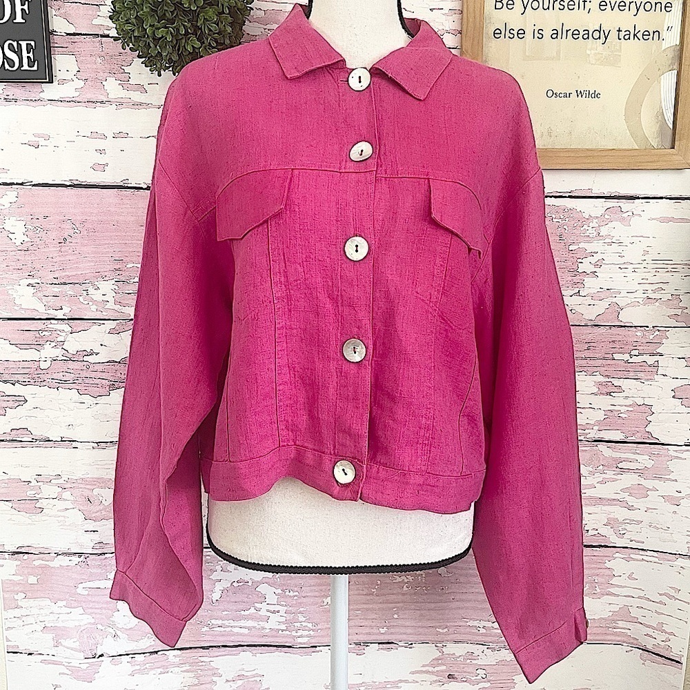 L. BATES Vintage Barbie Pink Linen Button Up Top Large Large  Casual Chic